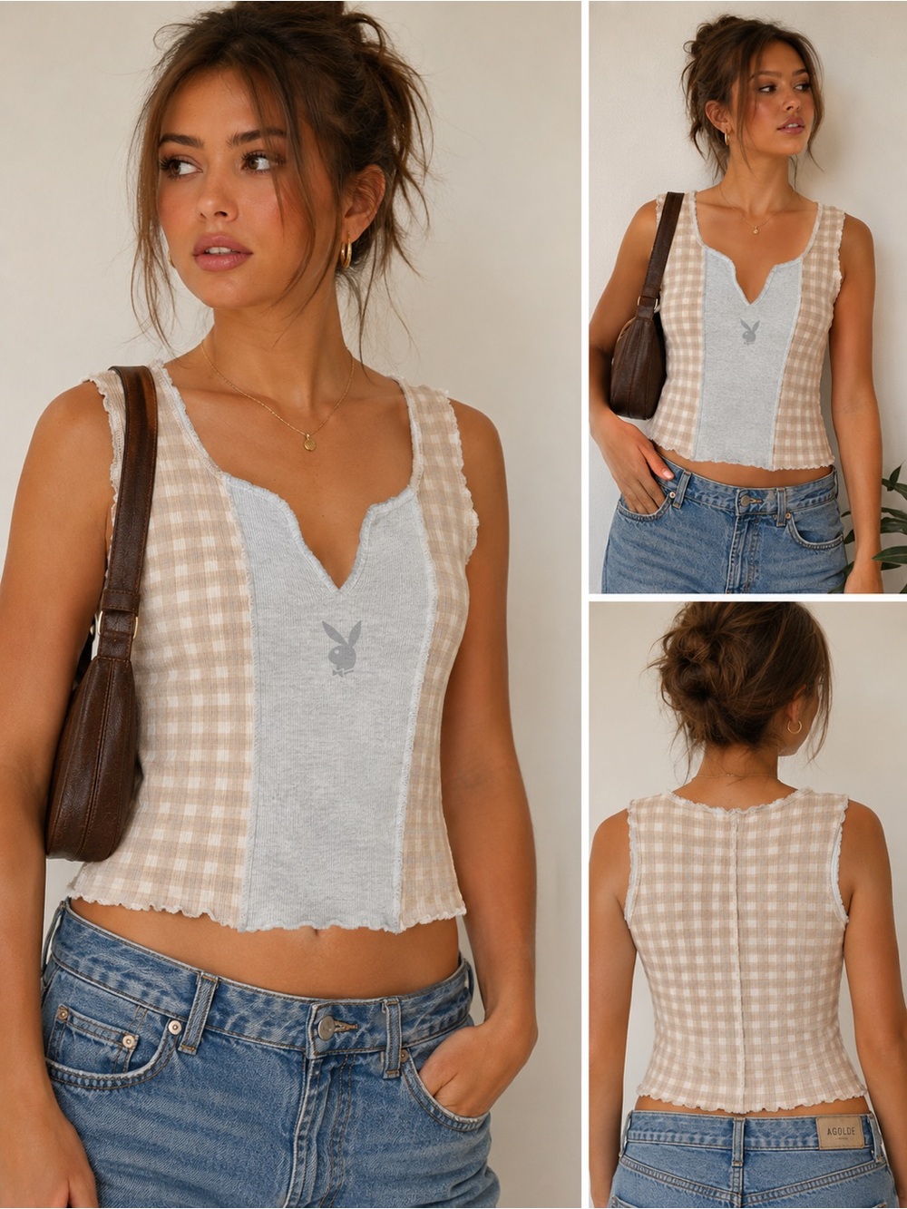 PLAYBOY Beige Gingham & Light Gray V-Notch Tank